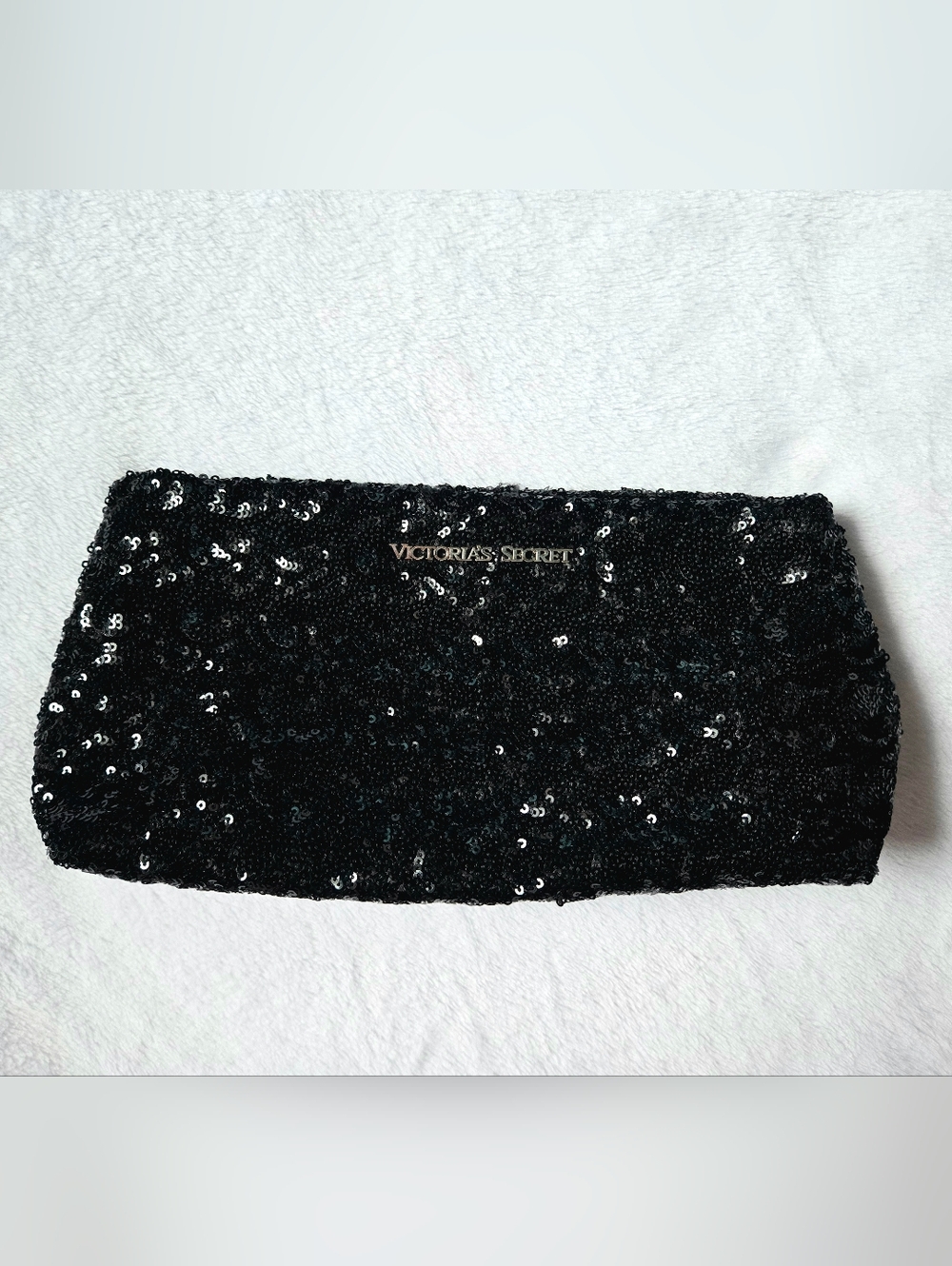 NWT Victoria's Secret Black Sequin Magnetic Closure Clutch/Cosmetic Makeup Bag